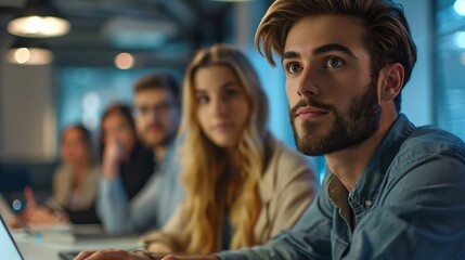 Aufkleber - Group of young business people using laptop having a meeting or presentation and seminar in the office : Generative AI