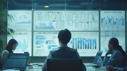 Fototapete - Presentation whiteboard and meeting with team chart and sales projection for planning Manager analysis and strategy communication for financial advisor people investment and data for f : Generative AI