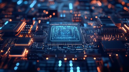 A close-up shot of a glowing computer chip on a circuit board.