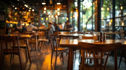 Aufkleber - Blurred restaurant or cafe background Tables and chairs in the lobby of restaurant Visitors to restaurant for dinner Cozy bokeh lightening Beautiful bright interior Blurred bokeh basic : Generative AI