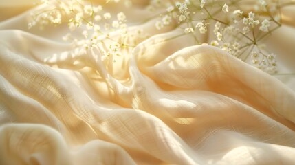 Aufkleber - Beige linen fabric texture with folds and a natural floral sunlight shadows aesthetic summer wedding bohemian background : Generative AI