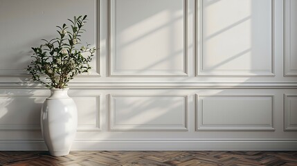 Poster - White classic wall background brown parquet floor home furniture detail frame and vase of plant : Generative AI