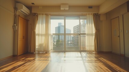 Leinwandbilder - Empty room with old brown stoneware floor wall air conditioner cheap wooden access doors to other rooms and balcony with curtains and sheers : Generative AI