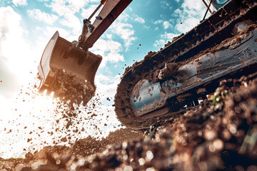 Heavy bulldozer in action, excavating soil and gravel at a construction site