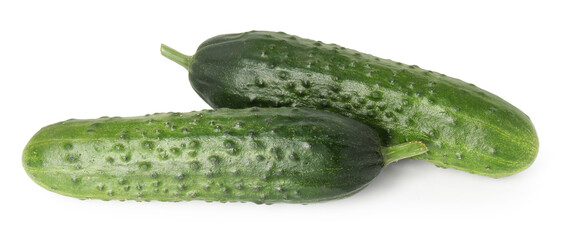 two fresh green cucumbers isolated on white, above view