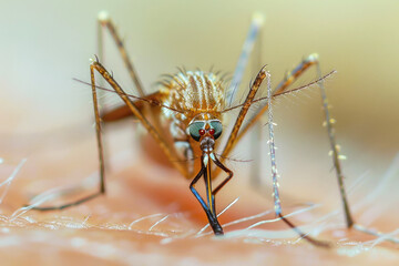 Close-up of a mosquito's proboscis piercing skin, highlighting the danger of disease transmission such as dengue and malaria.