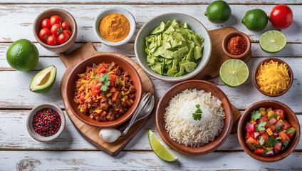 An appetizing display of Mexican cuisine ingredients and dishes on a rustic white wooden table. Bowls of fresh salsa, shredded cheese, rice, and chopped vegetables 