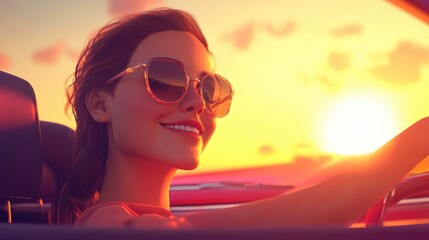 3D Cartoon of Happy Young Hipster Girl Driving a Convertible Car Cheerful Woman Enjoying a Fun Ride in Sunglasses at Sunset