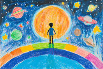 A child's imaginative drawing of the universe with Earth center