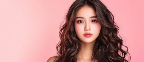 beautiful asian girl with long and shiny wavy hair isolated on pink background. beautiful model with