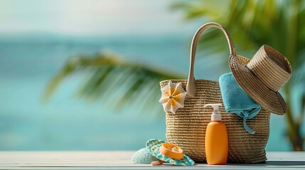 Wall Mural - Female bag with beach accessories and bottle of sunscreen cream on white background : Generative AI