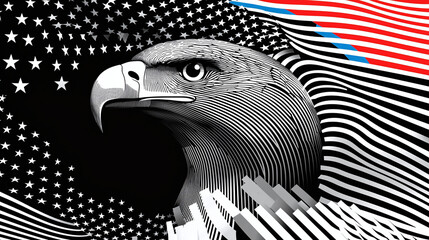 minimalist bold illustration of an american eagle, red, blue, white and black colors, patriotic symbol, artistic lines