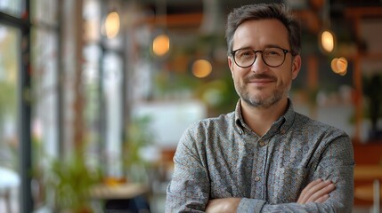 Poster - Portrait glasses and business man with arms crossed in startup office for pride in career or job Creative face and confident professional entrepreneur copywriter and employee coworking : Generative AI