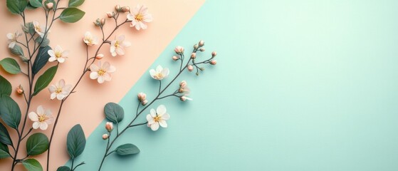 Sticker - Elegant Floral Arrangement on Pastel Background with Delicate Blossoms and Green Leaves