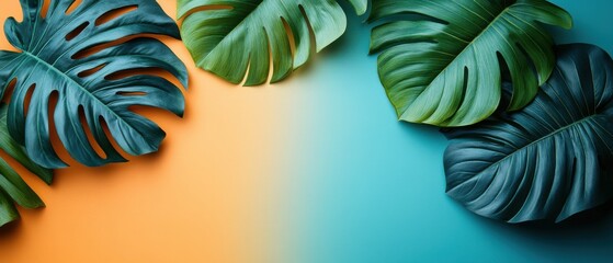 Sticker - Vibrant Monstera Leaves on Colorful Gradient Background - Tropical Nature Concept