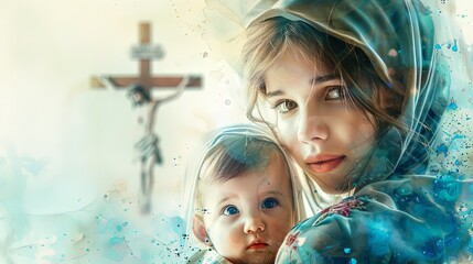 A woman lovingly holds her baby with a crucifixion in the background, blending religious symbolism with a tender mother-child moment in a beautifully abstract artistic style.