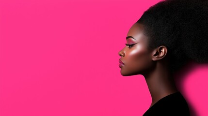 Poster - A woman with long hair and a black shirt is standing in front of a pink background. Concept of elegance and sophistication, as the woman's hair is styled in a way that accentuates her features