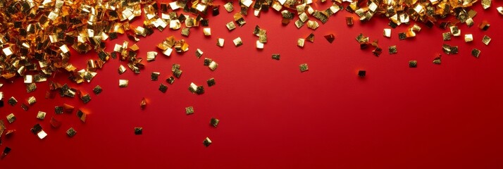 Wall Mural - golden glitter and confetti scattered on a soft red background creating a festive and luxurious effe