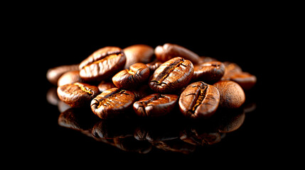 Sticker - A detailed view of roasted coffee beans with a glossy texture and deep brown color, arranged in a pile against a dark background.