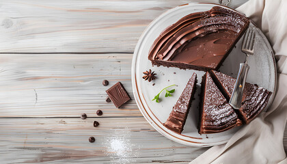 Wall Mural - Sliced tasty chocolate cake on wooden table background