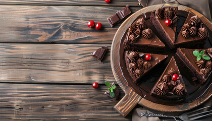 Wall Mural - Sliced tasty chocolate cake on wooden table background