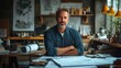 © Old Man Stocker - Architect poses confidently in a creative studio filled with blueprints and architectural models, embodying the blend of creativity and precision in design.