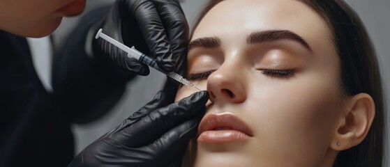 Sticker - Plasmolifting procedure injection. Doctor cosmetologist beautician in black sterile gloves making injection in female patient face. Concept of skincare treatment