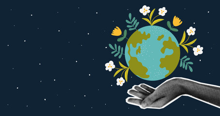 Halftone hand hold Earth with flower. Sustainable and environmentally friendly concept. Ecological illustrations of saving the planet.