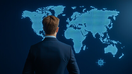 A businessman analyzes a digital world map, representing global strategy and connectivity in a modern business environment.