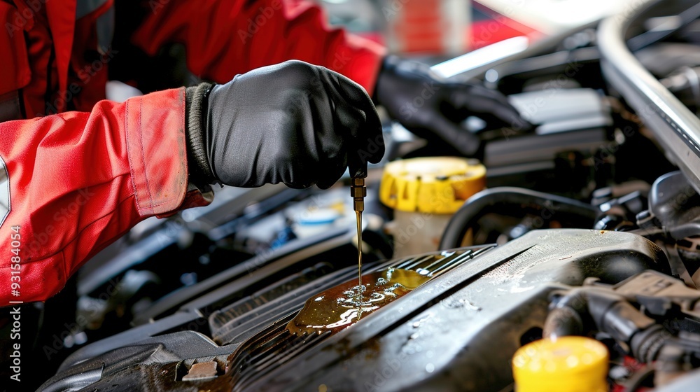 Mechanic closely inspecting engine oil dipstick during a routine check ...
