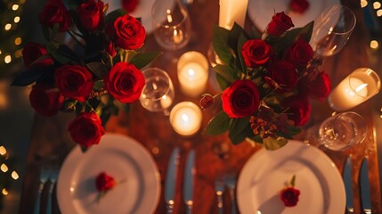 Wall Mural - Candlelight dinner setup for couple on Valentines day Decoration flowers decor candles details closeup Romantic date Location for surprise marriage proposal Table setting in restaurant : Generative AI