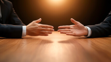 Two business hands reaching out for collaboration across a wooden table, symbolizing connection and partnership in a formal setting.