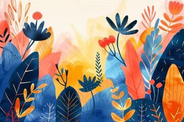 Wall Mural - Vibrant abstract illustration of leaves in pink, yellow, and blue tones on a gradient background. Ideal for modern designs, posters, and prints.