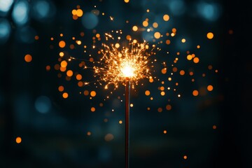 Sparkler in motion with bright, glowing sparks on a dark background. Ideal for holiday cards, festive events, or celebratory designs.