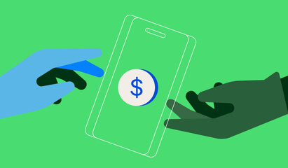 A financial concept, a collection of flat vector images, cash and cashless money transactions, a tax receipt, mobile phone with an online banking interface on it, digital financial service.