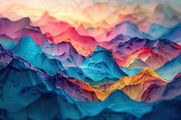 An abstract holographic mountain range, with peaks and valleys shifting colors as if alive.