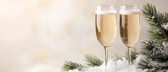 Two champagne glasses filled with bubbly, set against a snowy background with a festive pine branch. Ideal for New Year and holiday celebrations.