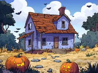 Charming Haunted House A Spooky Autumn Landscape in Cartoon Style