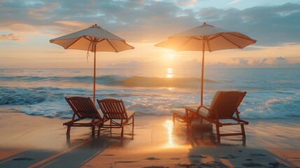 Wall Mural - Two lounge chairs with sun umbrellas on the beach with beautiful saunset light : Generative AI