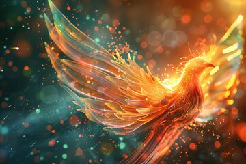 Wall Mural - An abstract holographic phoenix rising, with feathers made of light.