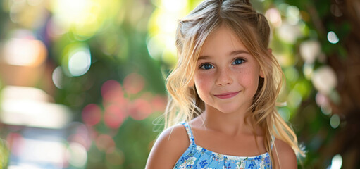 Smiling girl with blue eyes and blonde hair in floral dress outdoors with blurred greenery background. Concepts of childhood innocence, natural beauty, and outdoor play.