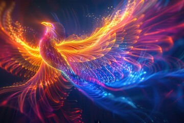 Wall Mural - An abstract holographic phoenix rising, with feathers made of light.