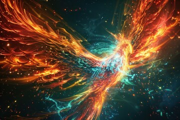 Wall Mural - An abstract holographic phoenix rising, with feathers made of light.