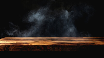 Wooden table with smoke rising against a dark background. Perfect for food photography, barbecue themes, or culinary visuals.