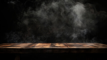 Wooden table with smoke rising against a dark background. Perfect for food photography, barbecue themes, or culinary visuals.