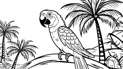 Canvas Print - Cute parrot perches on branch, swaying palm trees in tranquil setting. Colouring book page outline, line art drawing