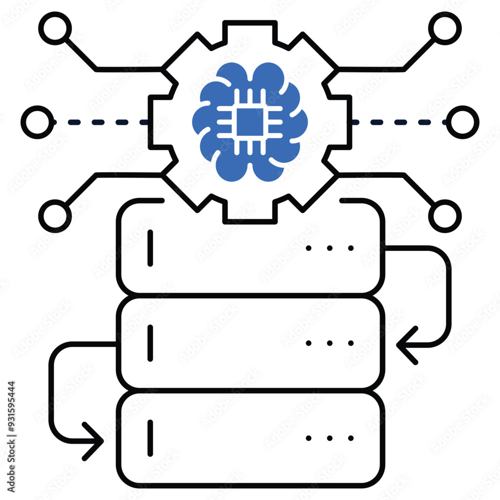 An icon depicting AI integration with data storage, featuring a central processing unit connected to storage devices, symbolizing artificial intelligence in data processing and management.