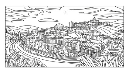 Sticker - Tranquil Italian landscape, rolling hills, buildings, soft sky, clouds. Colouring book page outline, line art drawing