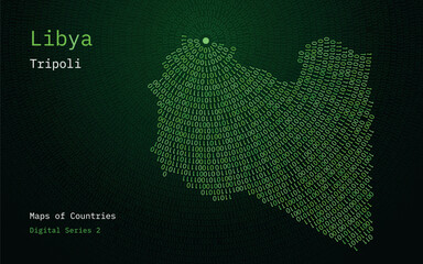 A map of Libya depicted in zeros and ones in the form of a circle. The capital, Tripoli, is shown in the center of the circle