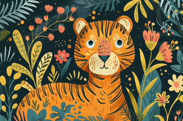 Wall Mural - A simple folk art painting of an orange tiger, with flowers and plants in the background